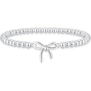 silver beaded stretch bracelet bow charm dainty stackable jewelry gift for women